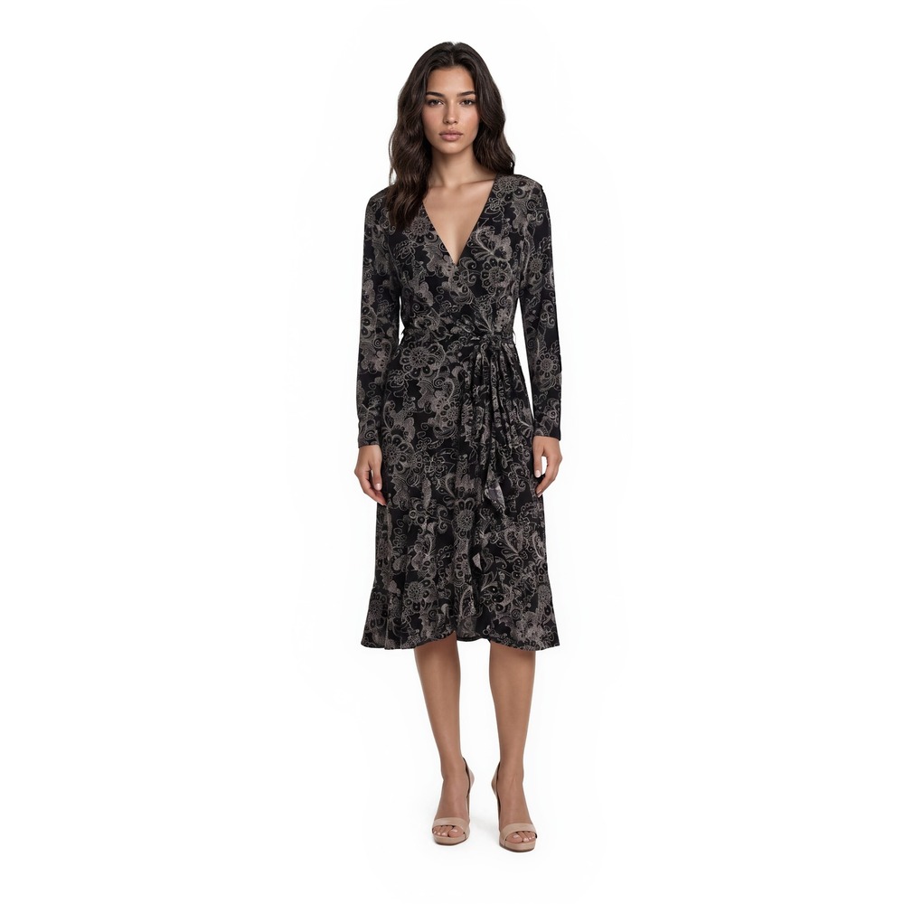 NWT Harold's Midi Dress Women's Size XL Black Paisley Floral V Neck Ruffle Hem